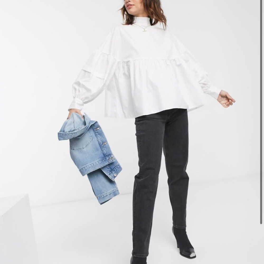 ASOS DESIGN long high neck smock top in cotton in ivory